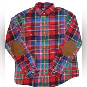 Ralph Lauren Red and Blue Plaid Casual Button Down Bedford Shirt patch elbows
